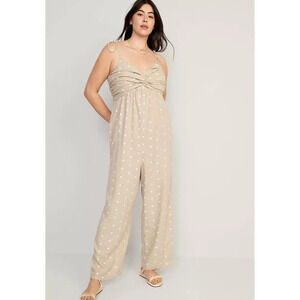 Old Navy Polka Dot Linen Jumpsuit XL Smocked Beige Wide Leg
